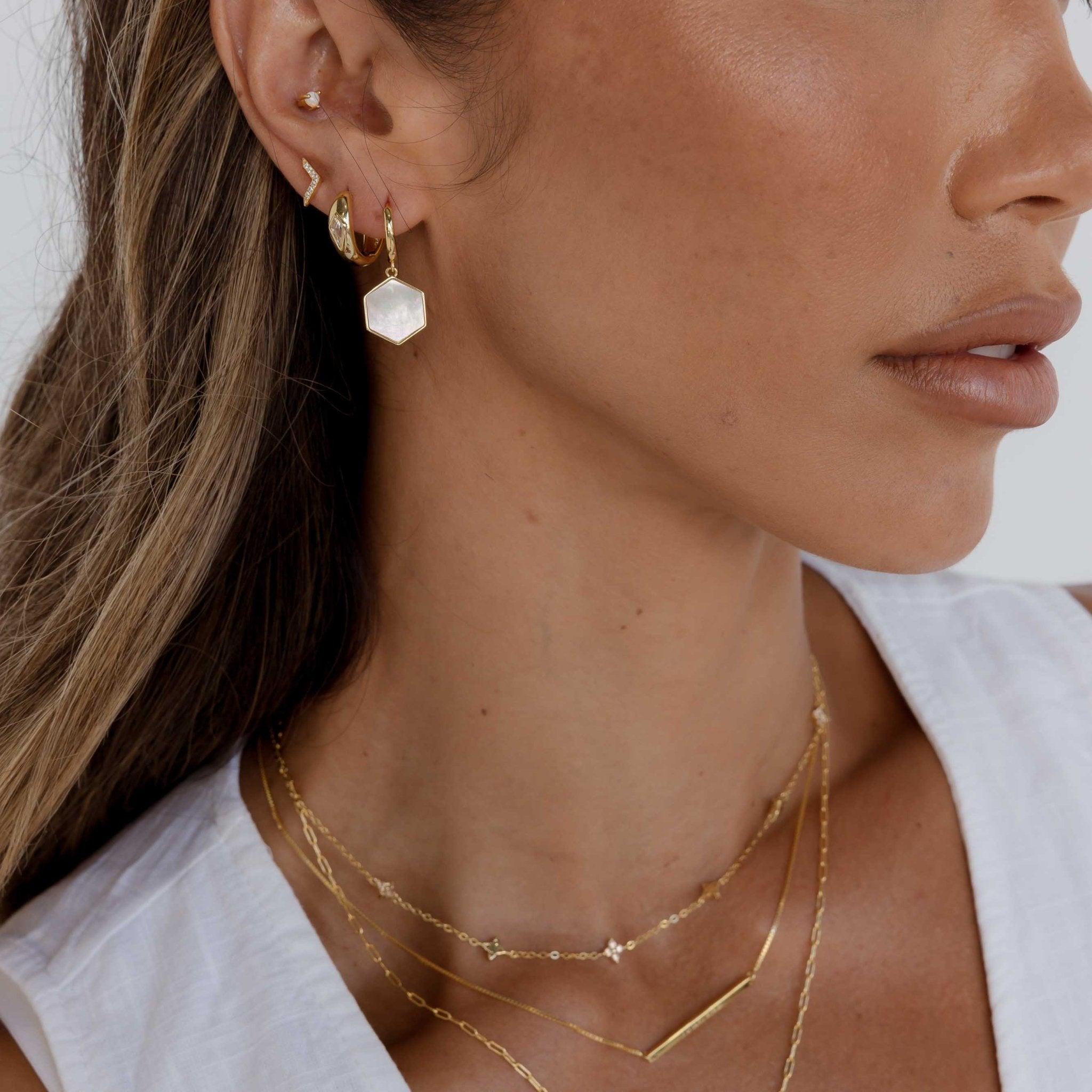 Hexagon Mother Of Pearl Huggie Earrings - Camile & Stone