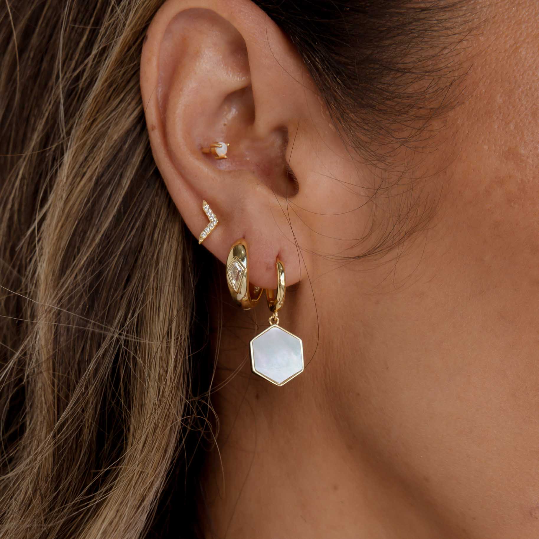Hexagon Mother Of Pearl Huggie Earrings - Camile & Stone