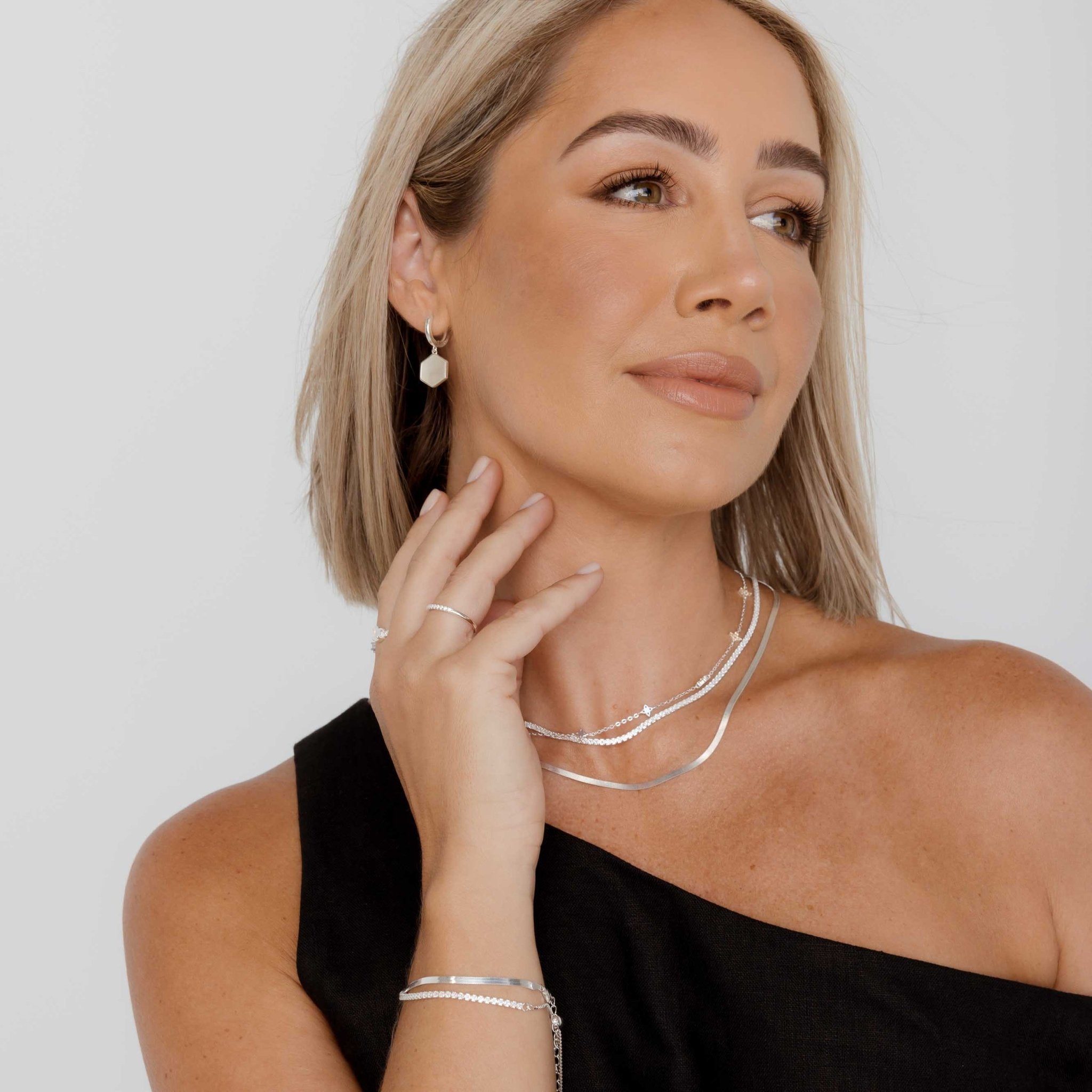 Hexagon Mother Of Pearl Huggie Earrings - Camile & Stone