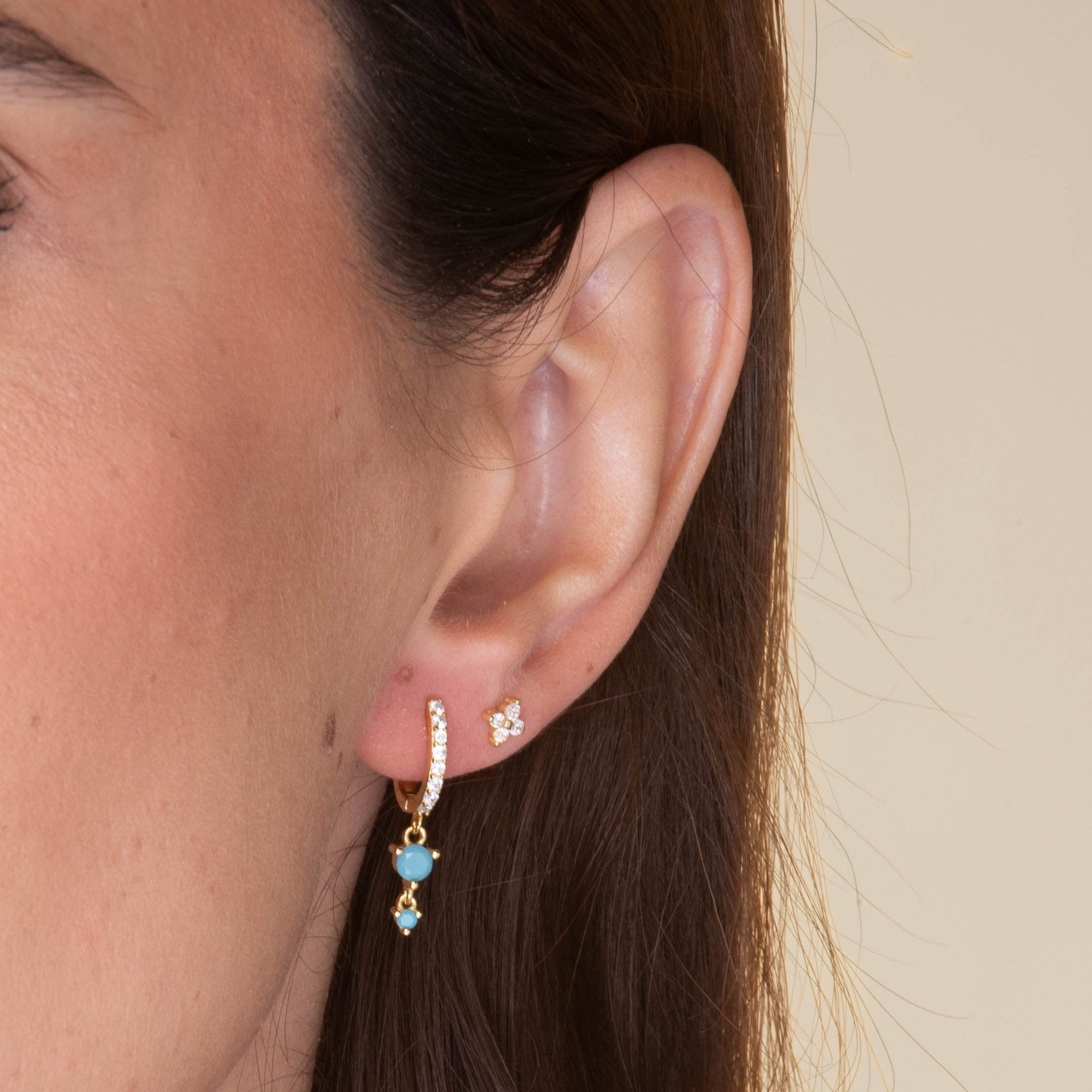 Turquoise Blue Sapphire Double Dangling Huggie Earrings - Camile & Stone