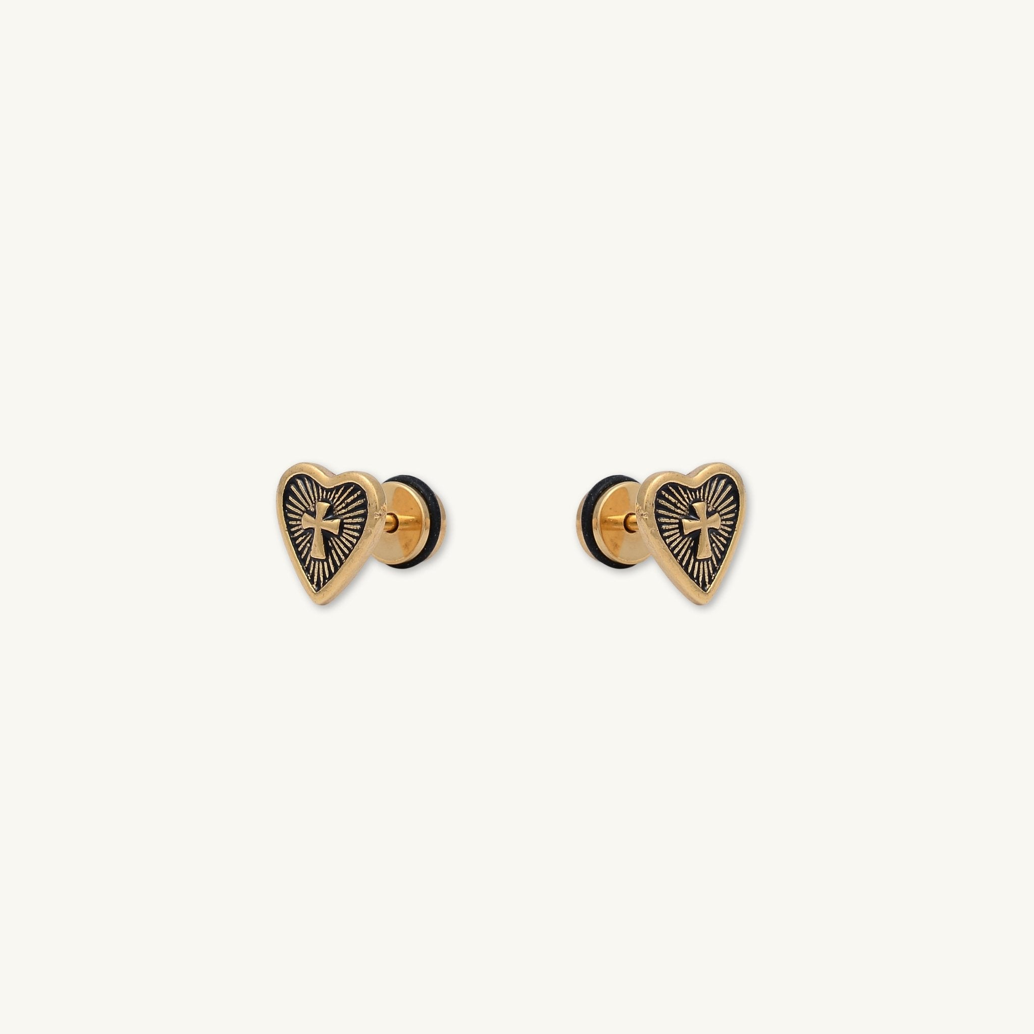 Unisex Gothic Cross Heart Stud Earrings - Camile & Stone