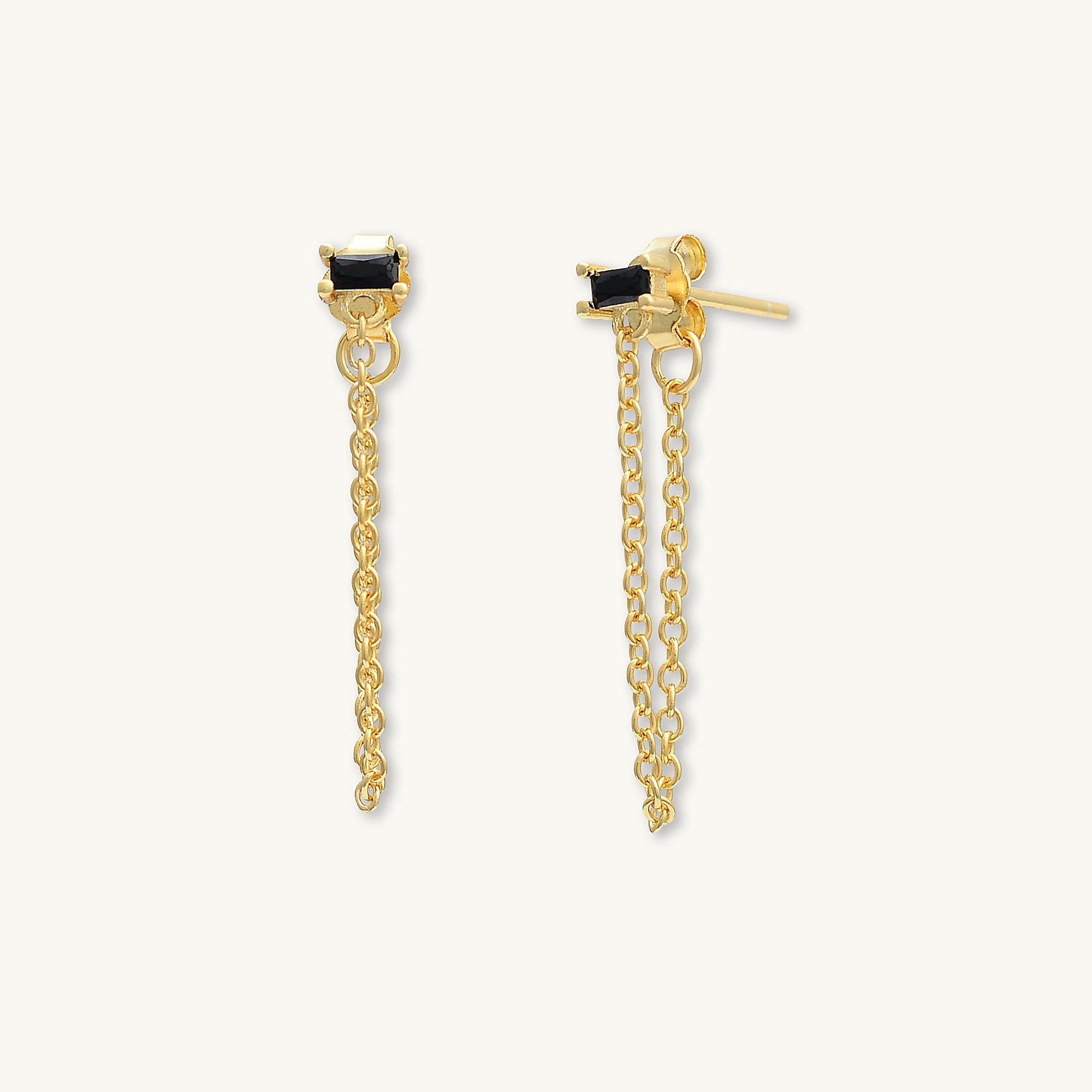 Black Baguette Chain Drop Stud Earrings - Camile & Stone
