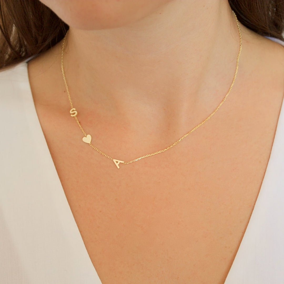 Sideways Initial Letter Solid Heart Necklace - Camile & Stone