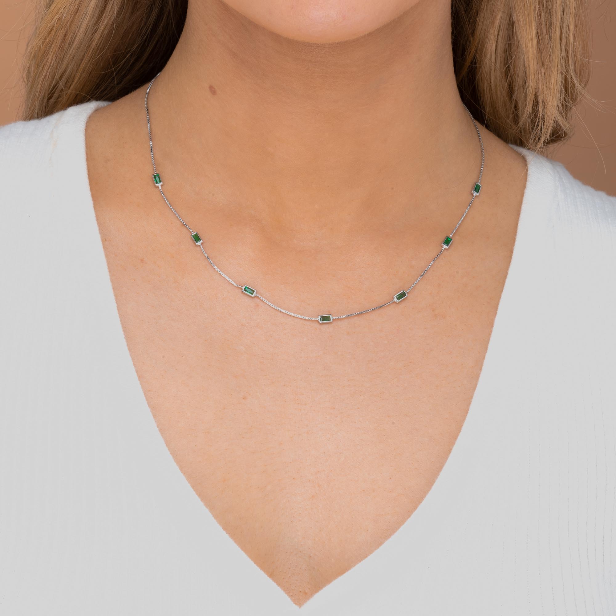 Emerald Baguette Station Necklace