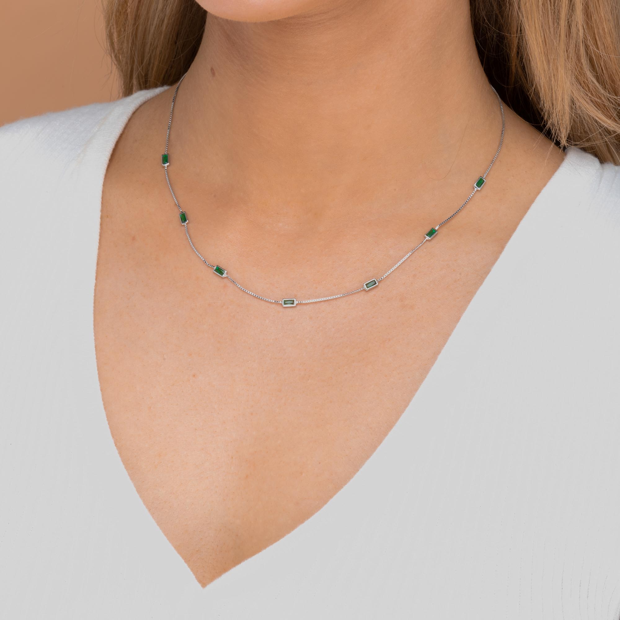 Emerald Baguette Station Necklace