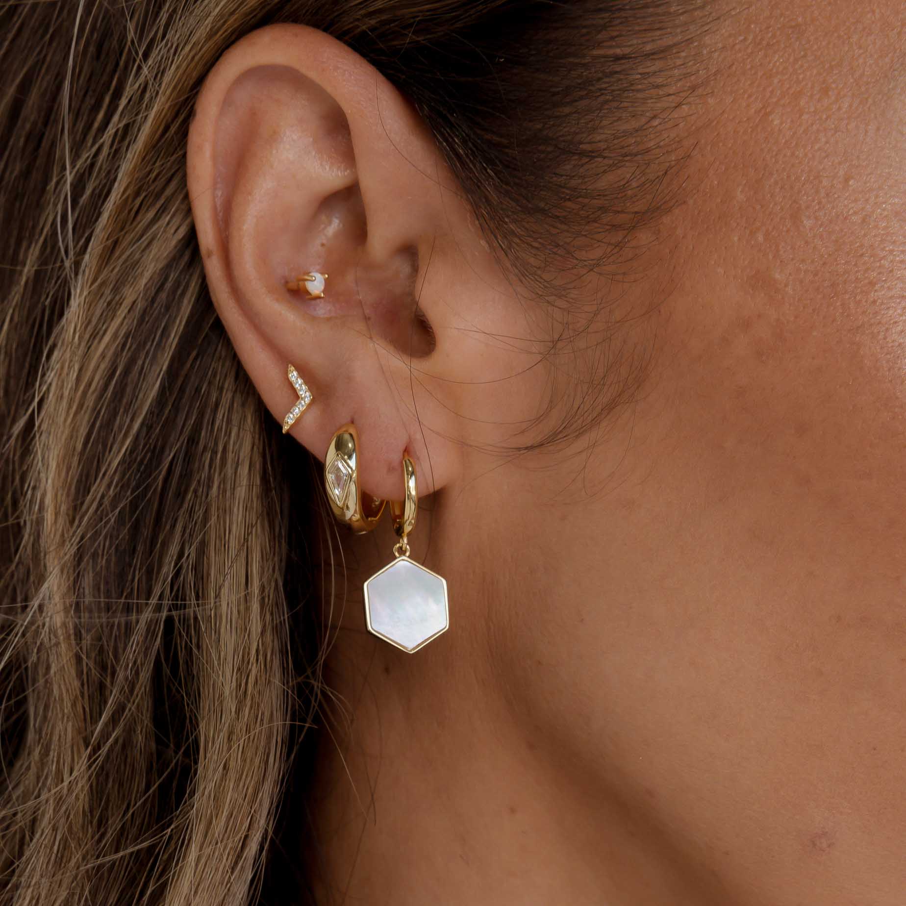 Hexagon Mother Of Pearl Huggie Earrings