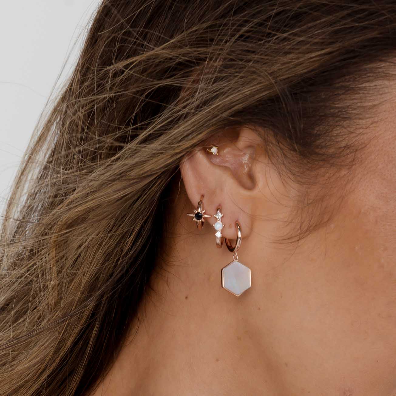 Hexagon Mother Of Pearl Huggie Earrings