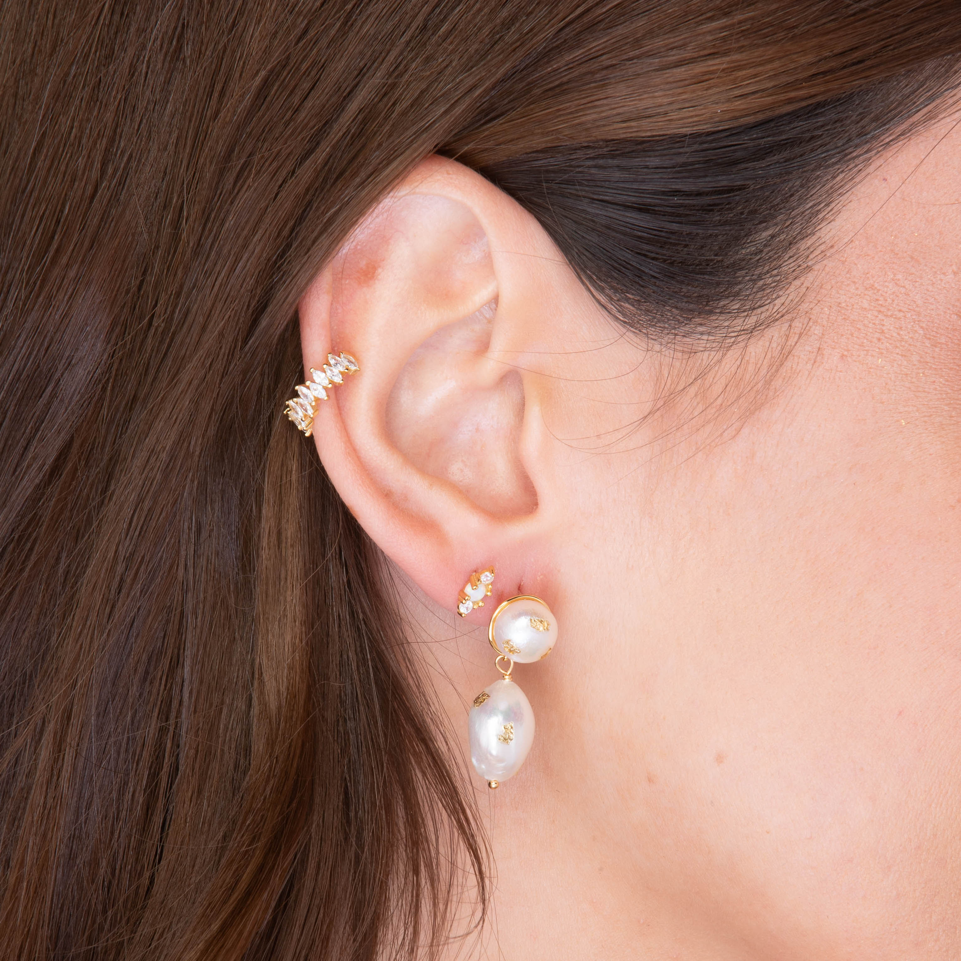 Double Pearl Gold Flake Stud Earrings