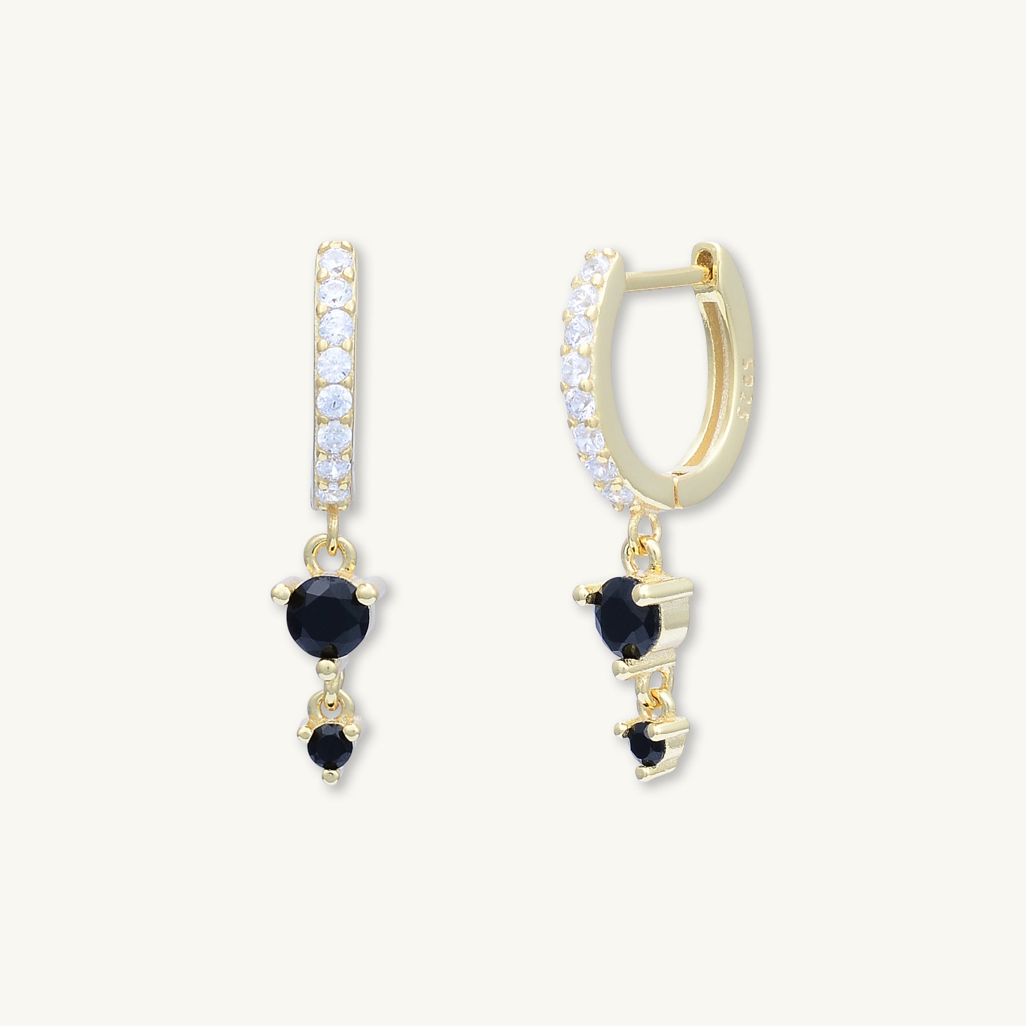 Black Sapphire Double Dangling Huggie Earrings