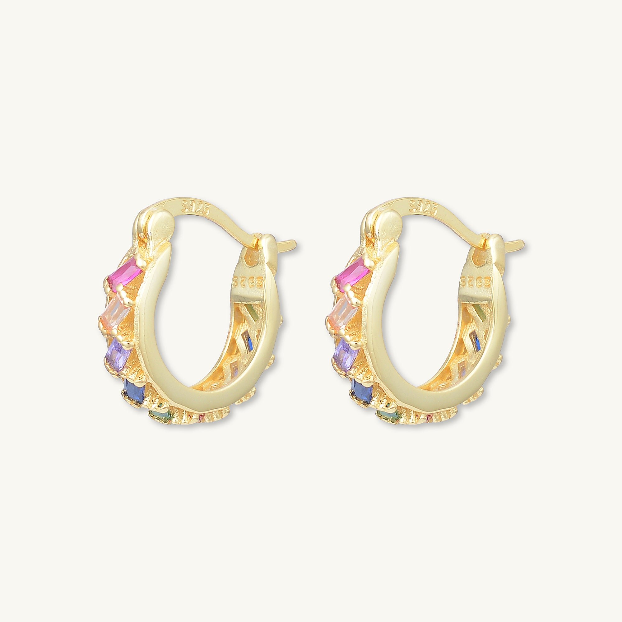 Rainbow Baguette Sapphire Hoop Earrings