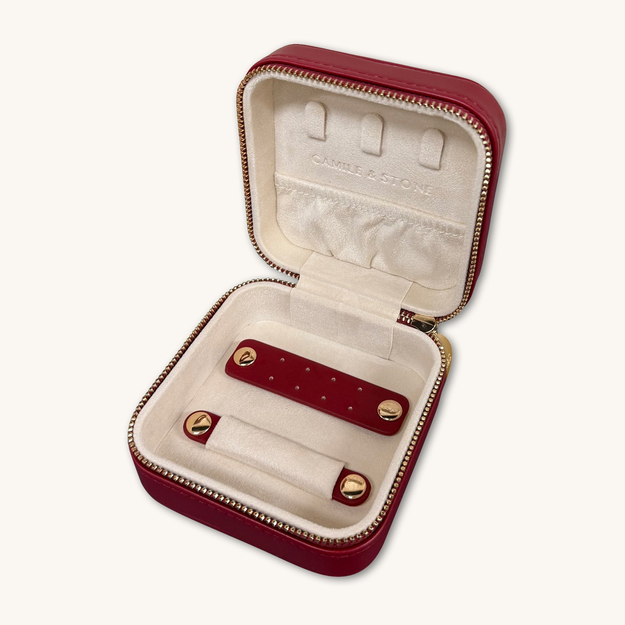 Cherry Red Pebble Velvet Leather Jewellery Travel Case - Camile & Stone