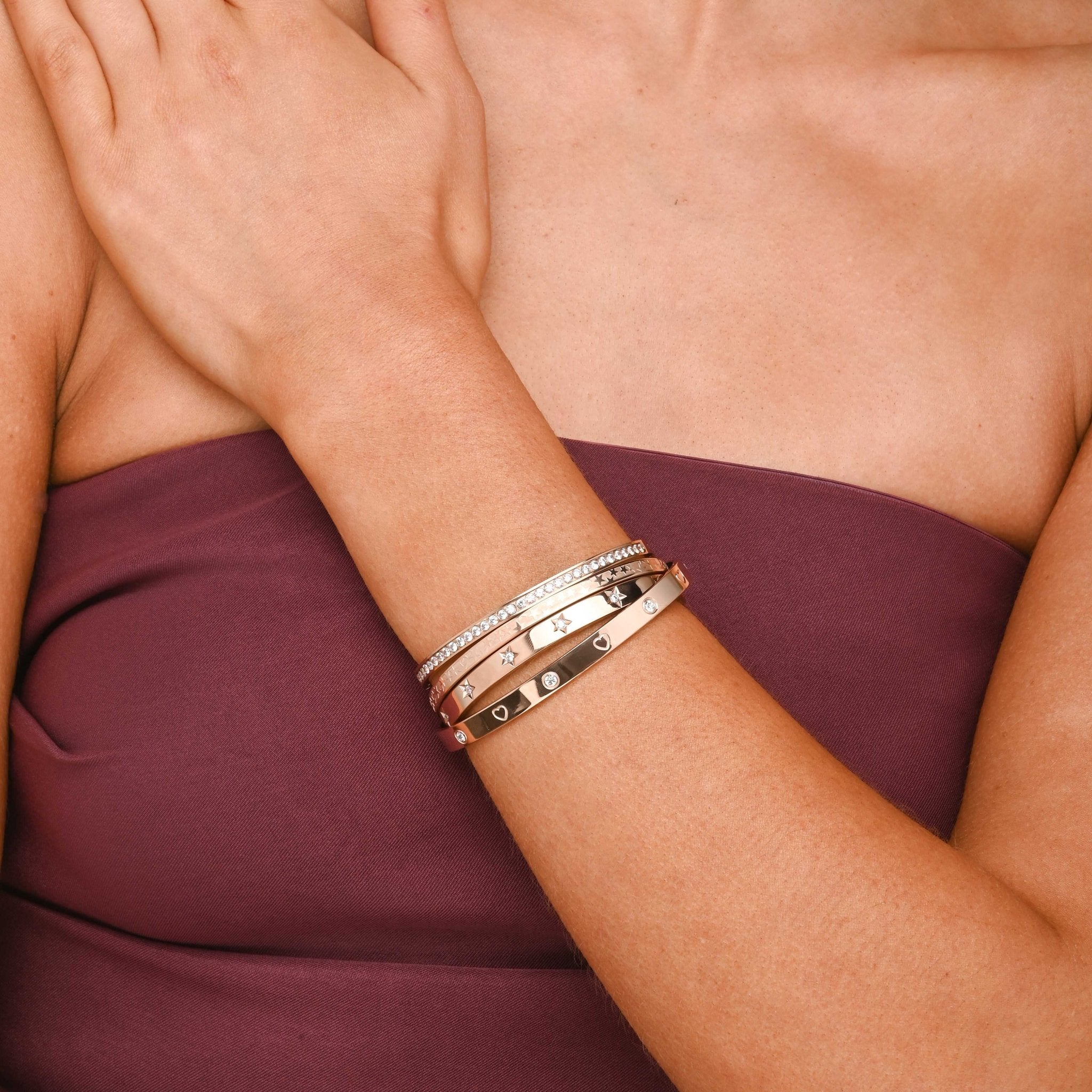 Heart Zirconia Open Cuff Bangle Bracelet - Camile & Stone