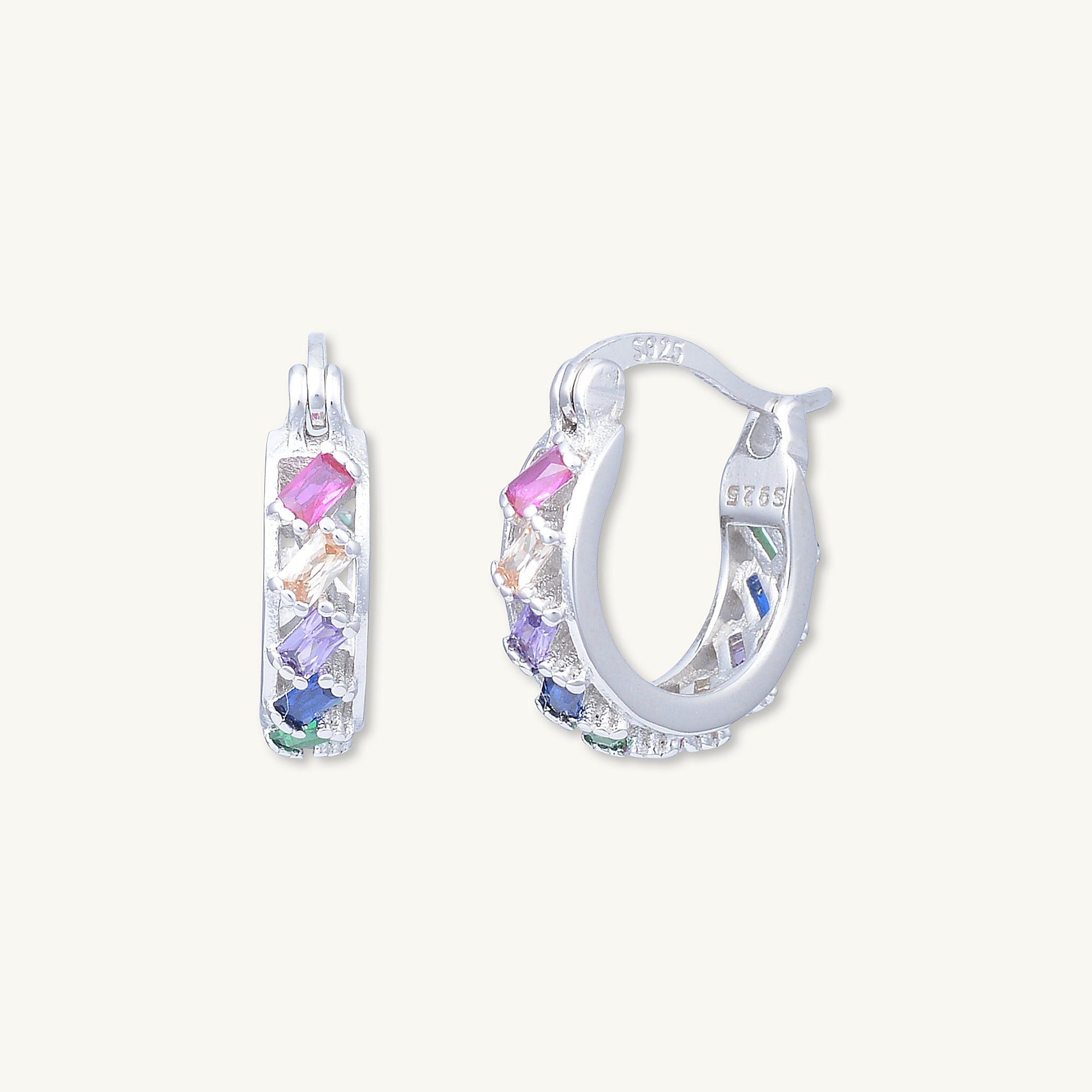 Rainbow Baguette Sapphire Hoop Earrings - Camile & Stone