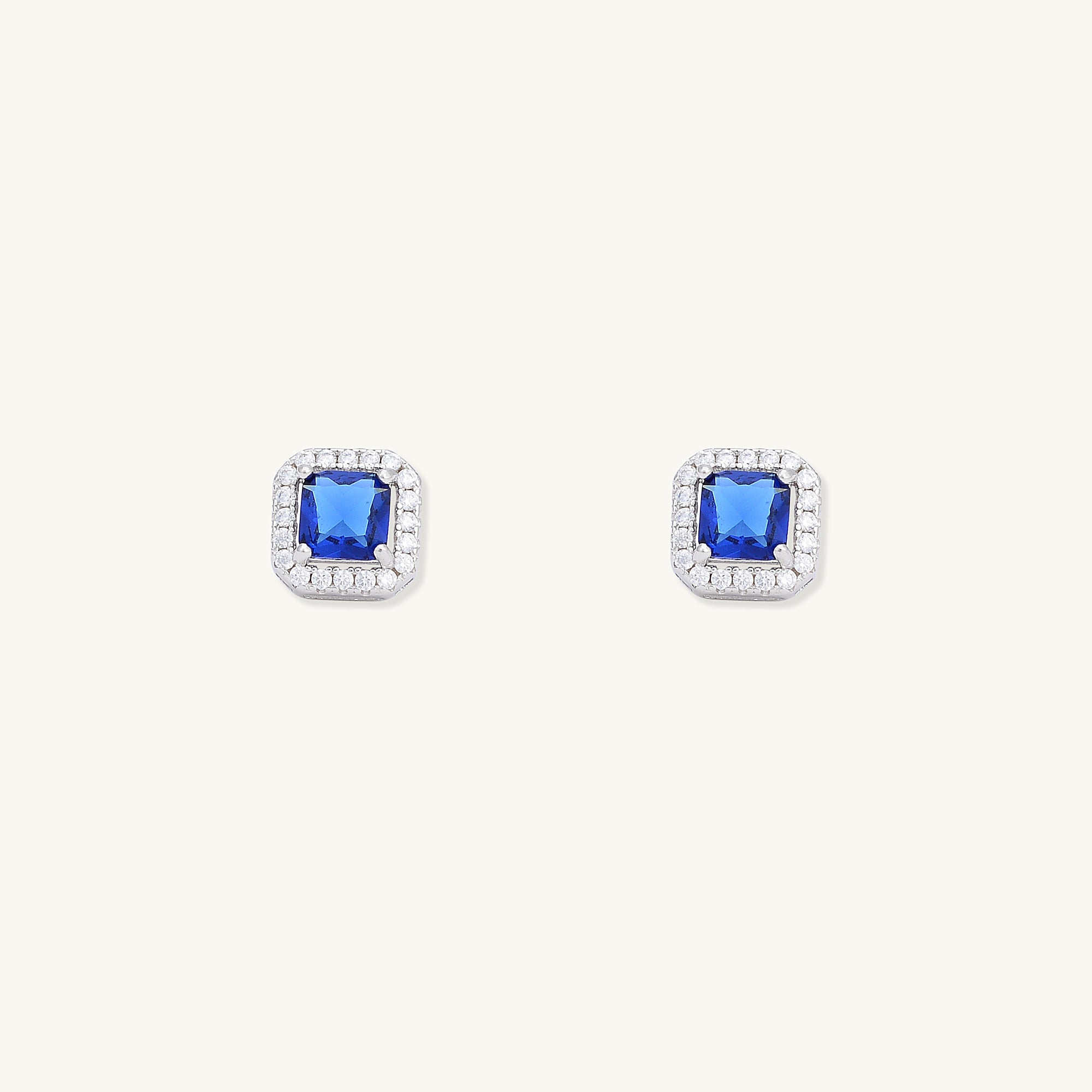 Blue Sapphire Square Pave Halo Stud Earrings - Camile & Stone