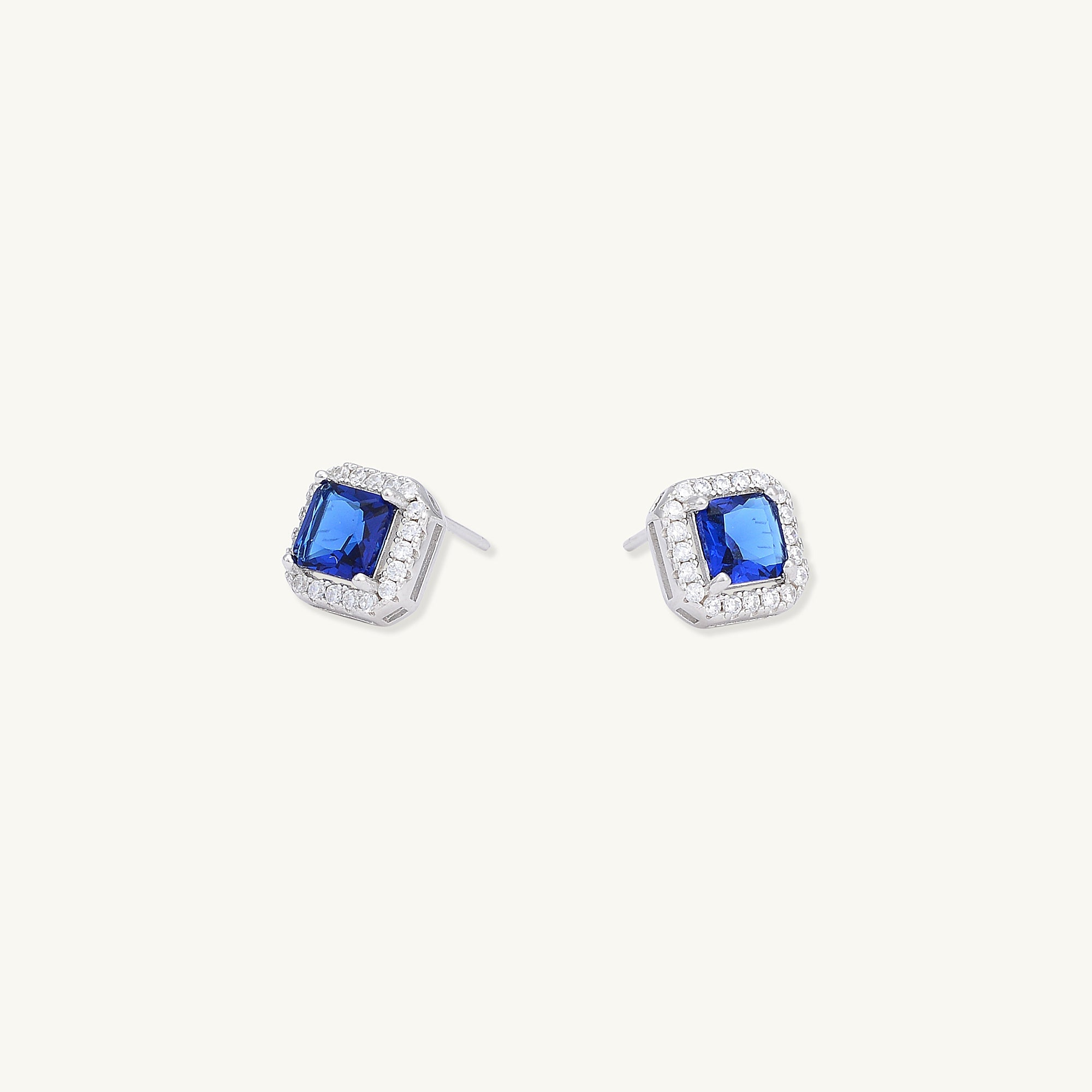 Blue Sapphire Square Pave Halo Stud Earrings - Camile & Stone
