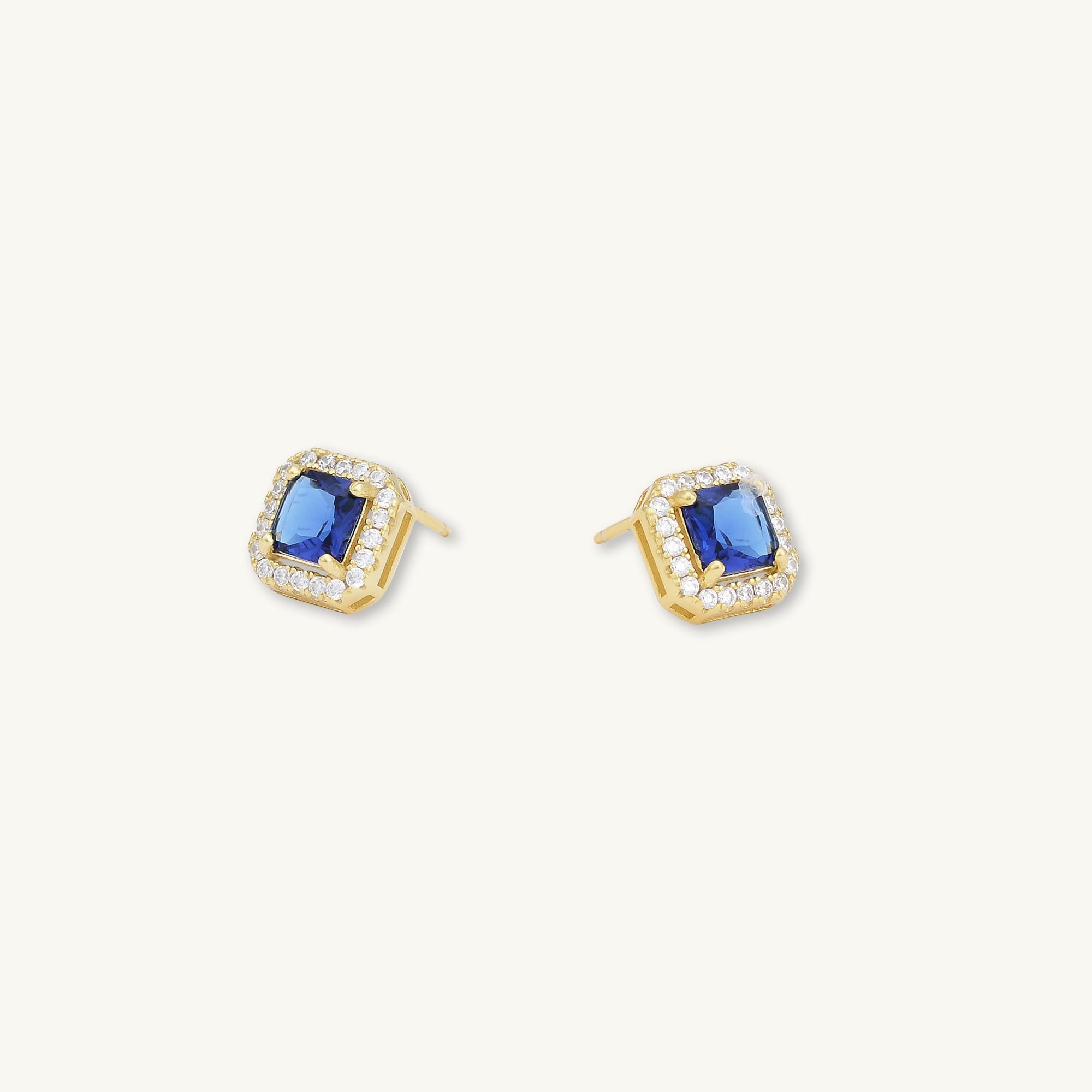 Blue Sapphire Square Pave Halo Stud Earrings - Camile & Stone
