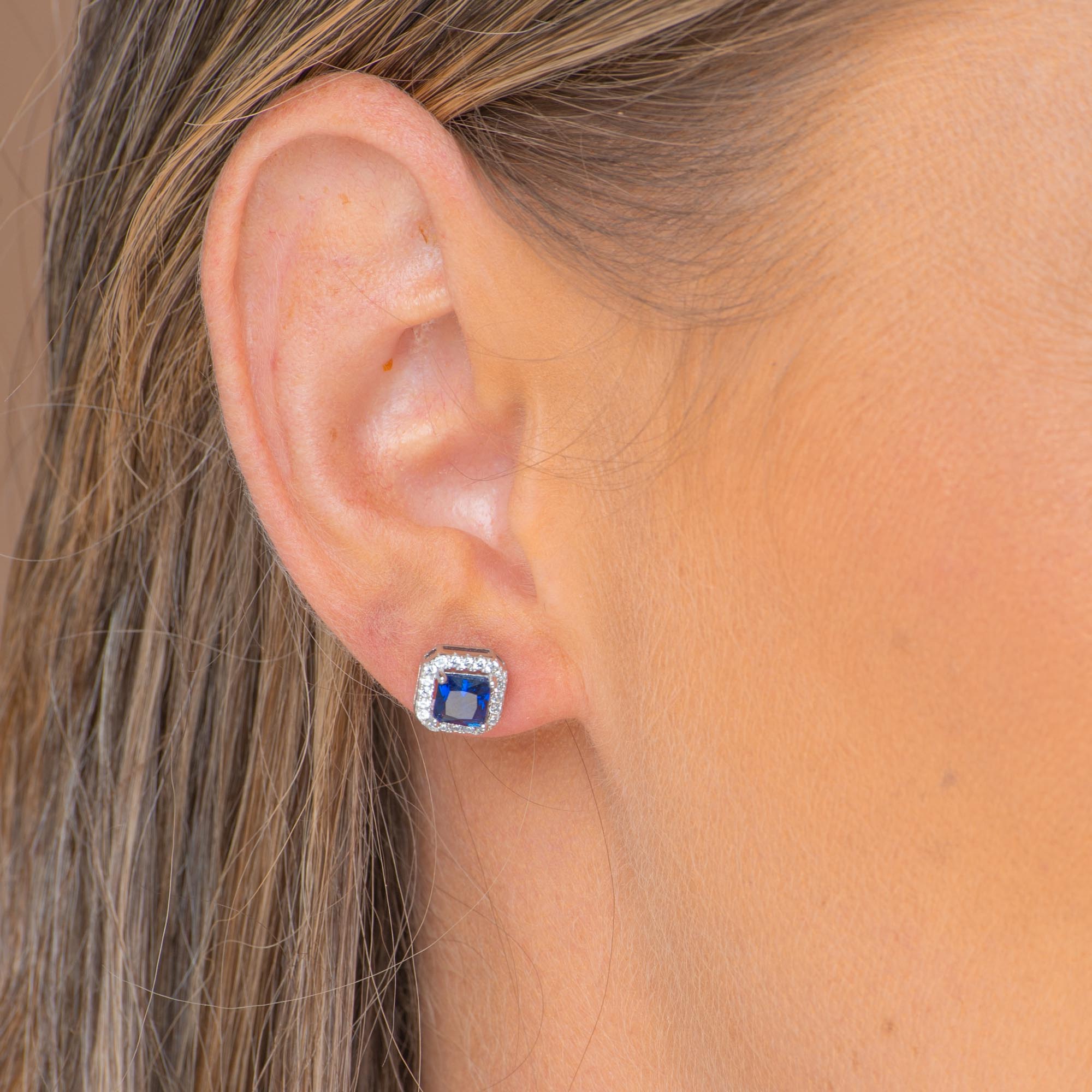 Blue Sapphire Square Pave Halo Stud Earrings - Camile & Stone