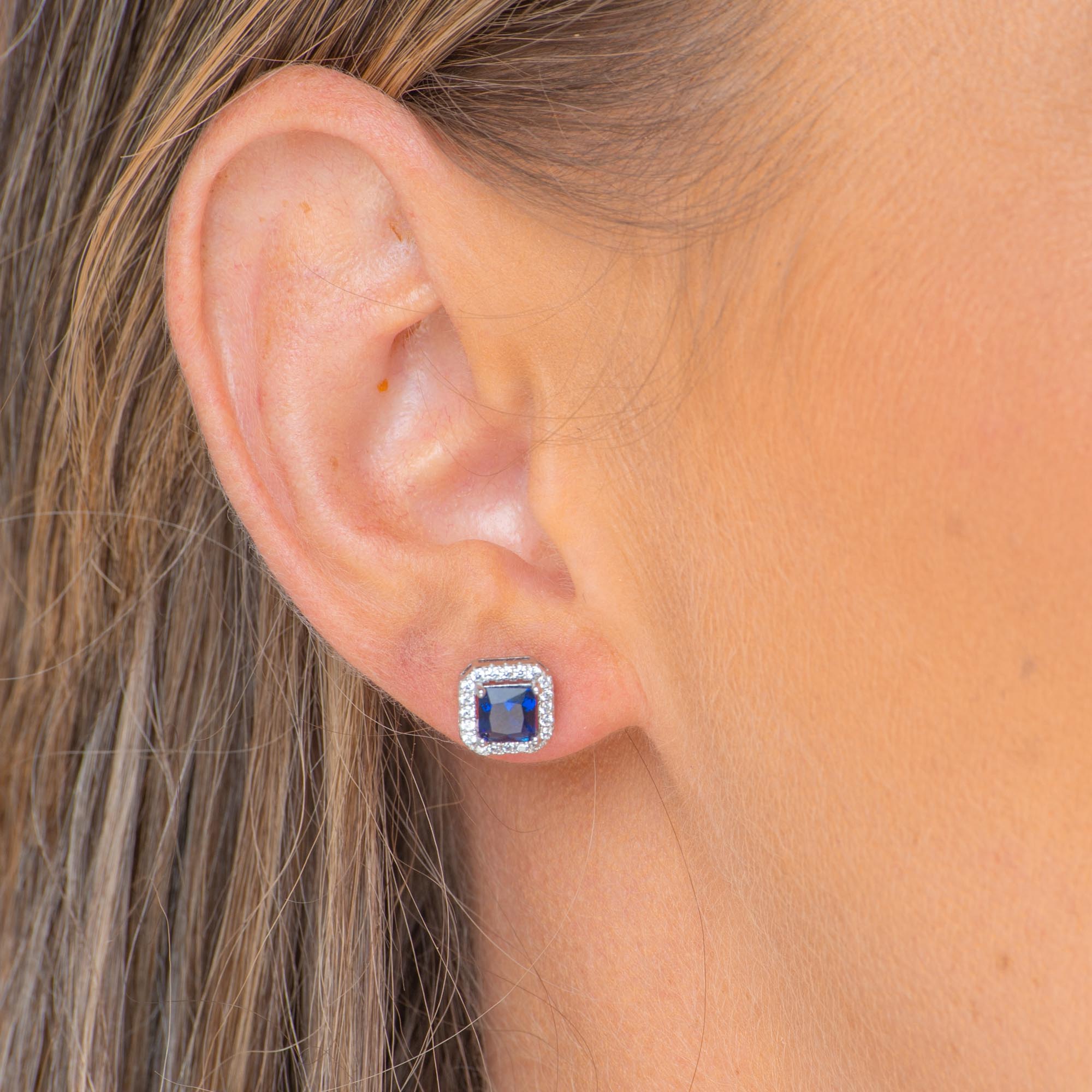 Blue Sapphire Square Pave Halo Stud Earrings - Camile & Stone