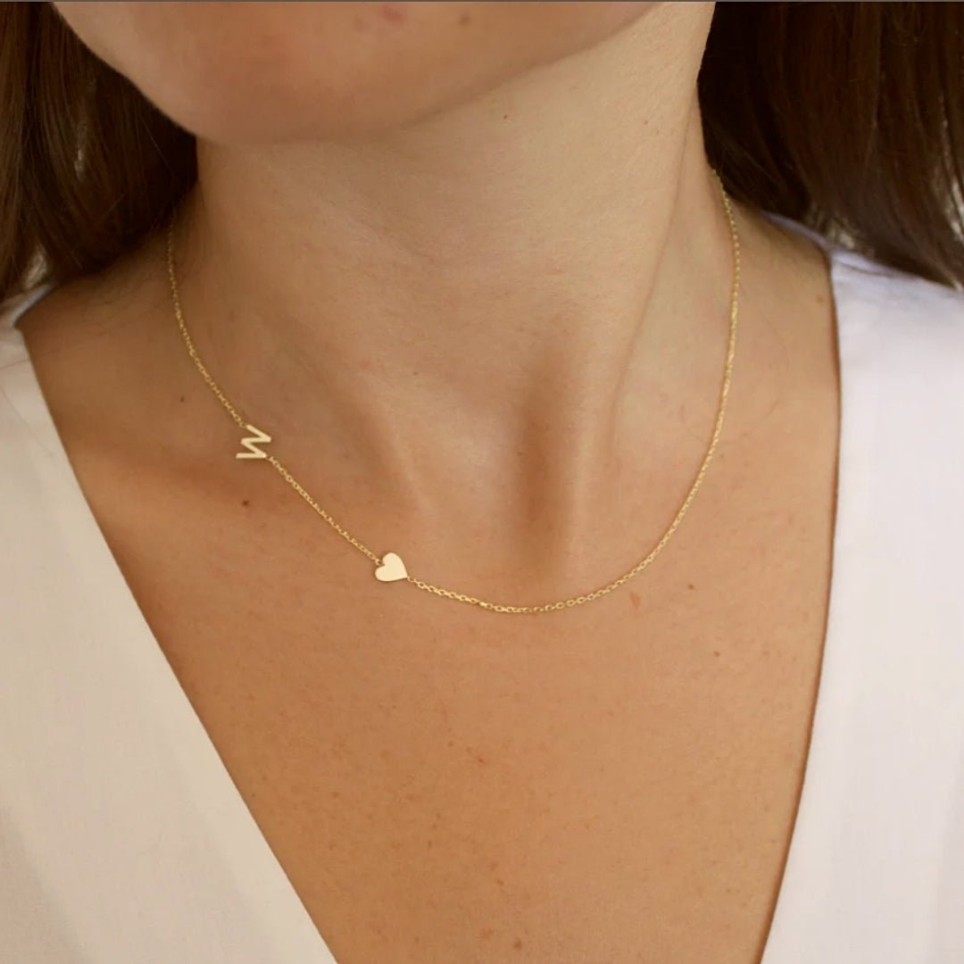 Sideways Initial Letter Solid Heart Necklace - Camile & Stone